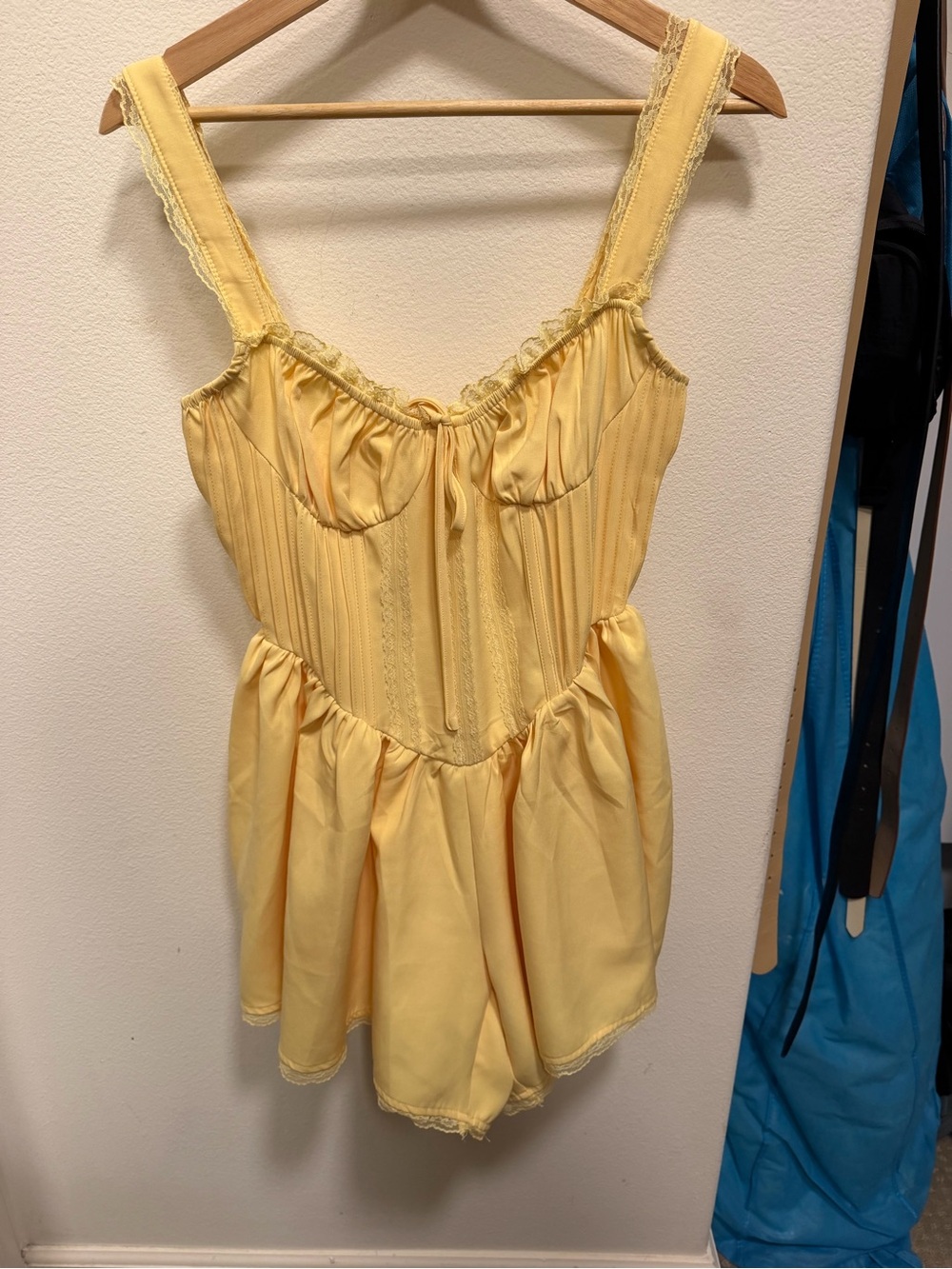 PrettyLittleThing Pale Yellow Lace-Trim Romper Bodysuit